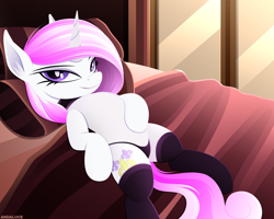 Size: 2500x2000 | Tagged: safe, artist:andaluce, fleur-de-lis, pony, unicorn, g4, adorasexy, bed, bedroom eyes, black panties, choker, clothes, cute, female, high res, lineless, looking at you, lying down, mare, miss fleur is trying to seduce us, on back, panties, sexy, socks, solo, underwear