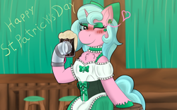 Size: 1920x1200 | Tagged: safe, artist:gray star, oc, oc only, oc:candy chip, cyborg, pony, unicorn, alcohol, bar maid, blushing, bow, chest fluff, choker, ear piercing, female, frilly, holiday, hoof polish, horn, looking at you, mare, one eye closed, piercing, pot of gold, saint patrick's day, shamrock, unicorn oc, wink, winking at you