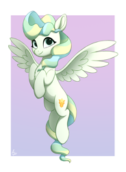 Size: 1000x1359 | Tagged: safe, artist:luminousdazzle, vapor trail, pegasus, pony, g4, female, flying, looking at you, mare, smiling, solo, spread wings, wings
