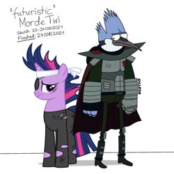Size: 1024x1024 | Tagged: safe, artist:g4lleon, twilight sparkle, bird, blue jay, pony, unicorn, g4, cape, clothes, crossover, crossover shipping, duo, eyepatch, female, future, future twilight, gauntlet, male, mordecai, mordetwi, regular show, shipping, simple background, straight, text, white background