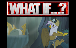 Size: 935x600 | Tagged: safe, edit, edited screencap, screencap, gilda, griffon, g4, season 5, the lost treasure of griffonstone, female, frown, idol of boreas, partially open wings, solo, teeth, what if, wings