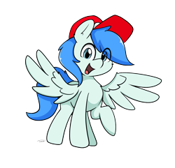 Size: 1277x1231 | Tagged: safe, artist:taurson, oc, oc only, oc:sports news, pegasus, pony, cap, eye clipping through hair, hat, looking at you, male, open mouth, open smile, pegasus oc, raised hoof, simple background, smiling, smiling at you, solo, spread wings, stallion, transparent background, wings