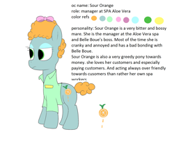 Size: 1800x1460 | Tagged: safe, artist:amateur-draw, oc, oc only, oc:sour orange, earth pony, pony, clothes, earth pony oc, female, makeup, mare, reference, reference sheet, simple background, solo, text, white background