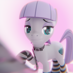Size: 2160x2160 | Tagged: safe, artist:the luna fan, derpibooru exclusive, maud pie, earth pony, pony, g4, 3d, blender, choker, chromatic aberration, clothes, collar, female, femsub, high res, leash, looking at you, mare, pet play, raised hoof, smiling, smiling at you, socks, solo, striped socks, submissive, wingding eyes