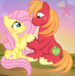Size: 624x635 | Tagged: safe, artist:lightningsparkle95, big macintosh, fluttershy, earth pony, pegasus, pony, g4, base used, blushing, female, heart, heart eyes, holding hooves, looking at each other, looking at someone, looking into each others eyes, male, mare, ship:fluttermac, shipping, signature, smiling, smiling at each other, stallion, straight, sunset, wingding eyes