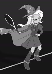 Size: 1500x2135 | Tagged: safe, artist:hexfloog, trixie, human, equestria girls, g4, barrette, boots, cape, clothes, commission, dress, fall formal outfits, grayscale, hat, high heel boots, monochrome, shoes, sports, tennis, tennis racket, tongue out, trixie's cape, trixie's hat
