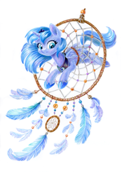 Size: 851x1200 | Tagged: safe, artist:maytee, princess luna, alicorn, pony, g4, adorable distress, colored pencil drawing, commission, commissioner:shaddar, cute, dream walker luna, dreamcatcher, dreamcaught luna, female, filly, filly luna, foal, lunabetes, mare, peytral, s1 luna, simple background, solo, stuck, traditional art, white background, woona, younger