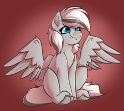 Size: 2728x2448 | Tagged: safe, artist:witchtaunter, oc, oc only, oc:silver edge, pegasus, pony, commission, fangs, gradient background, high res, pegasus oc, sitting, smiling, solo, spread wings, wings