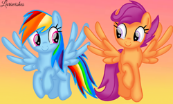 Size: 1200x720 | Tagged: safe, artist:mlplary6, rainbow dash, scootaloo, pegasus, pony, g4, female, flying, gradient background, looking at each other, looking at someone, mare, older, older scootaloo, scootaloo can fly, scootalove, sibling love, siblings, sisters, smiling, smiling at each other, sunset