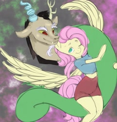 Size: 2400x2500 | Tagged: safe, artist:colbaltmachine, discord, fluttershy, draconequus, pegasus, semi-anthro, g4, antlers, arm hooves, duo, duo male and female, female, high res, horn, hug, long tail, looking at each other, looking at someone, male, midriff, one eye closed, ship:discoshy, shipping, sketch, spread wings, straight, tail, wings, wink, wip