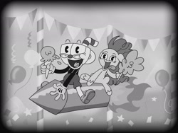 Size: 2048x1536 | Tagged: safe, alternate version, artist:inkies299, pinkie pie, earth pony, pony, g4, balloon, black and white, confetti, cotton candy, crossover, cuphead, cuphead (character), duo, female, fireworks, food, grayscale, hoof hold, ice cream, mare, monochrome, open mouth, rocket, smiling, style emulation, tongue out