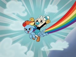 Size: 2048x1536 | Tagged: safe, artist:inkies299, rainbow dash, pegasus, pony, g4, arms in the air, crossover, cuphead, duo, female, flying, mare, mugman, open mouth, rainbow, riding, smiling, smirk, style emulation