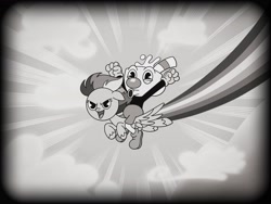 Size: 2048x1536 | Tagged: safe, alternate version, artist:inkies299, rainbow dash, pegasus, pony, g4, arms in the air, black and white, crossover, cuphead, duo, female, flying, grayscale, mare, monochrome, mugman, open mouth, rainbow, riding, smiling, smirk, style emulation