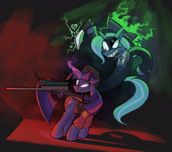 Size: 2048x1819 | Tagged: safe, artist:drzootsuit, trixie, twilight sparkle, pony, unicorn, g4, clothes, crossover, duo, female, glasses, glowing, glowing horn, gun, hat, horn, knife, magic, mare, rifle, smiling, sniper, sniper (tf2), sniper rifle, spy, spy (tf2), suit, team fortress 2, this will end in death, twilight sniper, unicorn twilight, weapon