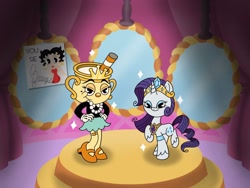 Size: 2048x1536 | Tagged: safe, artist:inkies299, rarity, pony, unicorn, g4, bedroom eyes, betty boop, carousel boutique, chalice, crossover, cuphead, duo, female, hand on hip, jewelry, mare, mirror, necklace, pearl necklace, poster, smiling, sparkles, style emulation, tiara