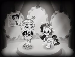 Size: 2048x1536 | Tagged: safe, alternate version, artist:inkies299, rarity, pony, unicorn, g4, bedroom eyes, betty boop, black and white, carousel boutique, chalice, crossover, cuphead, duo, female, grayscale, hand on hip, jewelry, mare, mirror, monochrome, necklace, pearl necklace, poster, smiling, sparkles, style emulation, tiara