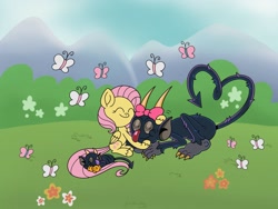 Size: 2048x1536 | Tagged: safe, artist:inkies299, fluttershy, butterfly, devil, pegasus, pony, g4, crossover, cuphead, eyes closed, heart shaped, hug, lying down, meadow, smiling, style emulation, tail, trio