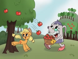 Size: 2048x1536 | Tagged: safe, artist:inkies299, applejack, earth pony, pony, g4, apple, apple tree, applebucking, basket, crossover, cuphead, duo, kettle, open mouth, smiling, style emulation, sweet apple acres, tree