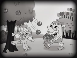 Size: 2048x1536 | Tagged: safe, alternate version, artist:inkies299, applejack, earth pony, pony, g4, apple, apple tree, applebucking, basket, black and white, crossover, cuphead, duo, food, grayscale, kettle, monochrome, open mouth, smiling, style emulation, sweet apple acres, tree
