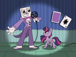 Size: 2048x1536 | Tagged: safe, artist:inkies299, twilight sparkle, pony, unicorn, g4, bowtie, clothes, crossover, cuphead, curtains, duo, grin, king dice, microphone, smiling, spotlight, style emulation, suit, unicorn twilight