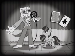 Size: 2048x1536 | Tagged: safe, alternate version, artist:inkies299, twilight sparkle, pony, unicorn, g4, black and white, bowtie, clothes, crossover, cuphead, curtains, duo, grayscale, grin, king dice, microphone, monochrome, smiling, spotlight, style emulation, suit, unicorn twilight