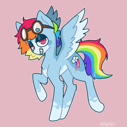 Size: 1500x1500 | Tagged: safe, artist:nawnii, rainbow dash, pegasus, pony, g4, backwards cutie mark, goggles, raised hoof, redesign, smiling, solo, spread wings, wings