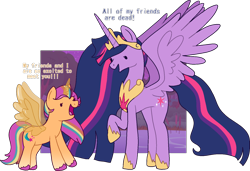 Size: 1670x1144 | Tagged: safe, artist:nawnii, sunny starscout, twilight sparkle, alicorn, earth pony, pony, g4, g5, the last problem, concave belly, crown, duo, female, height difference, immortality blues, jewelry, long mane, mane stripe sunny, mare, older, older twilight, older twilight sparkle (alicorn), physique difference, princess twilight 2.0, race swap, regalia, simple background, smiling, spread wings, sunny and her heroine, sunnycorn, tall, text, transparent background, twilight sparkle (alicorn), twilight will outlive her friends, wings