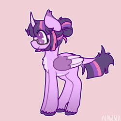 Size: 1200x1200 | Tagged: safe, artist:nawnii, twilight sparkle, alicorn, pony, g4, glasses, leonine tail, pink background, redesign, side view, simple background, solo, tail, twilight sparkle (alicorn), unshorn fetlocks