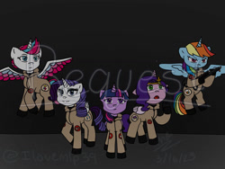 Size: 1032x774 | Tagged: safe, artist:ilovemlp39, pipp petals, rainbow dash, rarity, twilight sparkle, zipp storm, alicorn, pony, g5, alicornified, clothes, colored wings, determined, female, folded wings, frown, ghostbusters, group, jumpsuit, mare, multicolored wings, open mouth, pippcorn, proton pack, quintet, race swap, rainbowcorn, raricorn, signature, smiling, spread wings, twilight sparkle (alicorn), wings, zippcorn