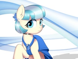 Size: 748x569 | Tagged: safe, artist:vinilyart, coco pommel, earth pony, pony, g4, abstract background, blue dress, clothes, dress, ear piercing, earring, jewelry, looking at you, necklace, piercing, raised hoof, shadow, smiling, solo