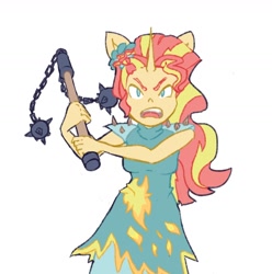 Size: 1280x1290 | Tagged: safe, artist:navy-pon, sunset shimmer, unicorn, anthro, equestria girls, g4, angry, clothes, flail, looking at you, open mouth, simple background, solo, weapon, white background