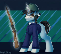 Size: 3500x3100 | Tagged: safe, artist:adagiostring, oc, oc only, pony, unicorn, fanart, french, glowing, glowing horn, gun, helmet, high res, horn, magic, magic aura, male, soldier pony, solo, stallion, standing, telekinesis, unicorn oc, weapon, world war i