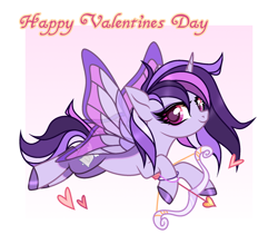 Size: 2052x1800 | Tagged: safe, artist:pritonhells, oc, oc only, oc:dreaming bell, pony, unicorn, arrow, artificial wings, augmented, bow (weapon), commission, cute, female, flying, heart, heart arrow, hearts and hooves day, holiday, hoof polish, horn, magic, magic wings, mare, ocbetes, show accurate, simple background, smiling, solo, two toned coat, unicorn oc, valentine's day, wings