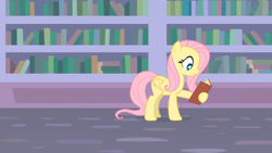 Size: 1280x721 | Tagged: safe, artist:agrol, fluttershy, g4, book, bookshelf, cute, library, reading, school of friendship, shyabetes, solo, the element of kindness