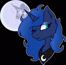 Size: 2048x2025 | Tagged: safe, artist:nawnii, princess luna, alicorn, pony, g4, black background, bust, high res, mare in the moon, moon, one eye closed, simple background, solo, wink