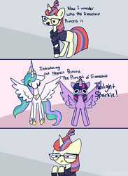 Size: 1600x2187 | Tagged: safe, artist:nawnii, moondancer, princess celestia, twilight sparkle, alicorn, pony, unicorn, g4, :3, clothes, comic, frown, glasses, jewelry, regalia, spread wings, sweater, text, twilight sparkle (alicorn), wings