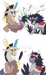 Size: 1244x2048 | Tagged: safe, artist:plusplus_pony, discord, king sombra, draconequus, pony, unicorn, g4, the beginning of the end, angry, armor, candy, cape, clothes, crown, crystal, duo, duo male, eyebrows, eyes closed, food, frown, glowing, glowing eyes, glowing horn, grin, horn, jewelry, king sombra is not amused, male, open mouth, open smile, regalia, rock candy, simple background, smiling, sombra eyes, stallion, teeth, tongue out, unamused, white background