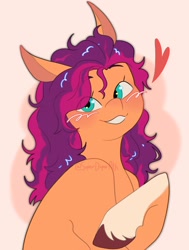 Size: 2162x2862 | Tagged: safe, artist:superduperath, sunny starscout, earth pony, pony, g5, blushing, dishevelled, female, grin, heart, high res, looking at you, mare, smiling, solo