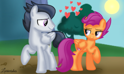 Size: 1200x720 | Tagged: safe, artist:mlplary6, rumble, scootaloo, pegasus, pony, g4, boyfriend and girlfriend, female, heart, looking at each other, looking at someone, love, male, mare, older, older rumble, older scootaloo, ship:rumbloo, shipping, smiling, smiling at each other, stallion, straight, sun, tree