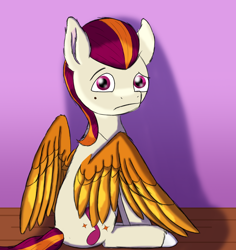 Size: 1700x1800 | Tagged: safe, artist:php176, derpibooru exclusive, rocky riff, pegasus, pony, g5, colored wings, confused, cute, gradient background, looking at you, looking back, male, rear view, rockybetes, shading, shadow, sitting, solo, spread wings, stallion, unshorn fetlocks, wings, wooden floor