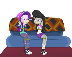 Size: 1005x795 | Tagged: safe, artist:nie-martw-sie-o-mnie, octavia melody, starlight glimmer, human, equestria girls, g4, bondage, bound and gagged, camp everfree outfits, cloth gag, clothes, converse, couch, duo, duo female, female, gag, pants, ripped pants, shoes, simple background, tied up, torn clothes, vector, white background