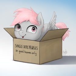 Size: 1300x1300 | Tagged: safe, artist:magfen, oc, oc only, oc:cotton puff, pegasus, pony, :p, box, cute, dork, gradient background, pegasus oc, pony in a box, solo, tongue out