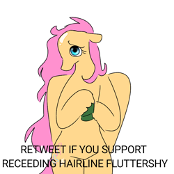 Size: 768x768 | Tagged: safe, artist:nachosforfree, fluttershy, pegasus, pony, g4, sad, simple background, solo, standing on two hooves, text, white background