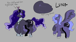 Size: 1137x640 | Tagged: safe, artist:nachosforfree, princess luna, alicorn, pony, g4, jewelry, regalia, side view, solo, spread wings, text, wings