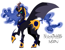 Size: 830x640 | Tagged: safe, artist:nachosforfree, nightmare moon, alicorn, pony, g4, jewelry, regalia, side view, simple background, smiling, solo, spread wings, text, white background, wings