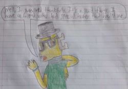 Size: 674x468 | Tagged: safe, artist:mr.myoozik, derpibooru exclusive, oc, oc only, oc:myoozik the dragon, dragon, bandage, bracelet, brown eyes, dragon oc, fangs, folded wings, glasses, green shirt, hand behind back, hat, jewelry, lined paper, male, nervous, non-pony oc, speech bubble, talking, talking to viewer, text, top hat, traditional art, wings