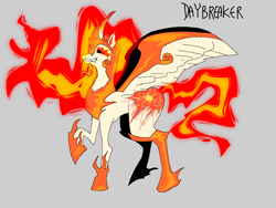 Size: 1024x768 | Tagged: safe, artist:nachosforfree, daybreaker, alicorn, pony, g4, fangs, jewelry, regalia, side view, smiling, solo, spread wings, text, wings