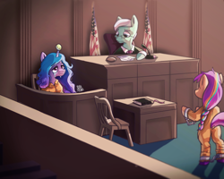 Size: 2468x1976 | Tagged: safe, artist:nyanakaru, izzy moonbow, sunny starscout, earth pony, pony, unicorn, semi-anthro, g5, american flag, arm hooves, bad end, ball, butt, clothes, commissioner:rainbowdash69, courtroom, crying, cuffs, dock, izzy's tennis ball, judge, never doubt rainbowdash69's involvement, plot, prison outfit, prisoner, prisoner im, prisoner ss, shackles, tail, tennis ball