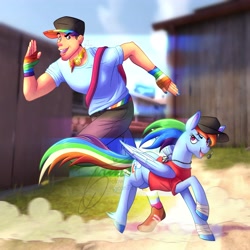 Size: 4096x4096 | Tagged: safe, artist:lycantrin, rainbow dash, human, pegasus, pony, g4, bandage, bonk, clothes, colored hooves, colored wings, crossover, dog tags, duo, dust cloud, element of loyalty, female, lumberyard, male, mare, outdoors, painted nails, rainbow trail, running, scout (tf2), speed lines, tape, team fortress 2, unshorn fetlocks, wholesome, wings