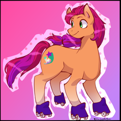 Size: 1000x1000 | Tagged: safe, artist:nachosforfree, sunny starscout, earth pony, pony, g5, braid, braided ponytail, female, gradient background, mare, ponytail, roller skates, skates, smiling, solo